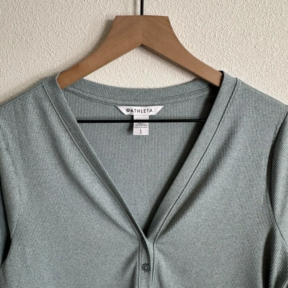 Athleta Top Womens Large Green Uptempo Ribbed Knit Henley‎ Comfy Soft Stretch - Picture 6 of 15